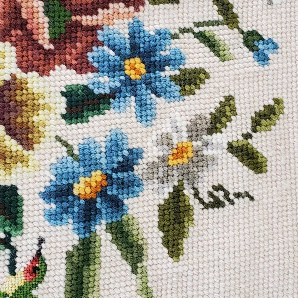 Embroidered Floral Tapestry Piece 16x14 Square Handmade Bird Cottagecore Flowers - Picture 3 of 7
